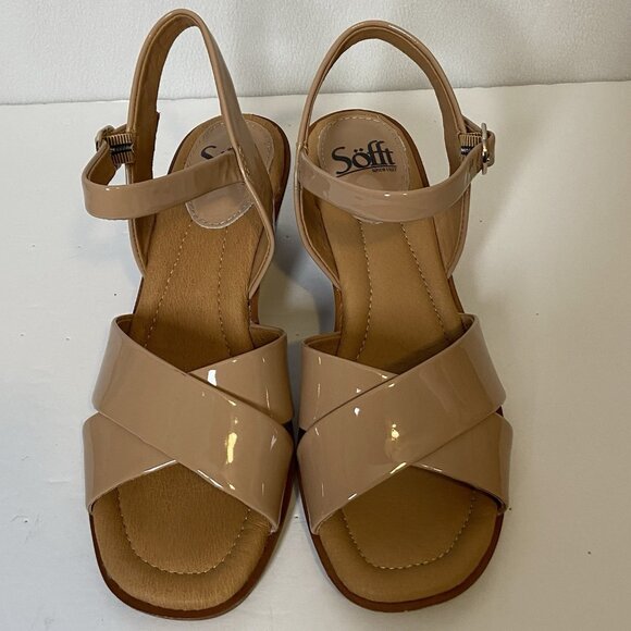 Sofft Gabella Wedge Sandals Sz 7.5 Beige Patent Leather Open Toe Ankle Strap - Picture 1 of 16